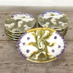 10 French Orchies Faience Majolica Asparagus and Artichoke Plates with Platter