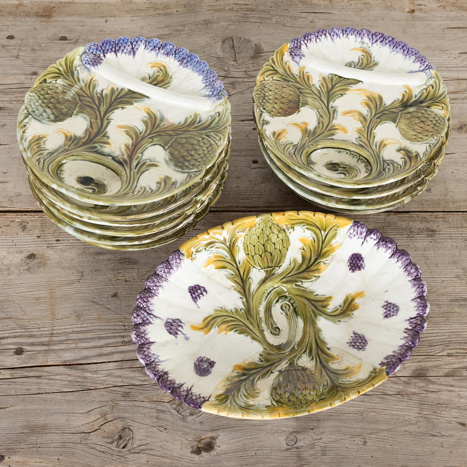 Art Nouveau 10 French Orchies Faience Majolica Asparagus and Artichoke Plates with Platter For Sale