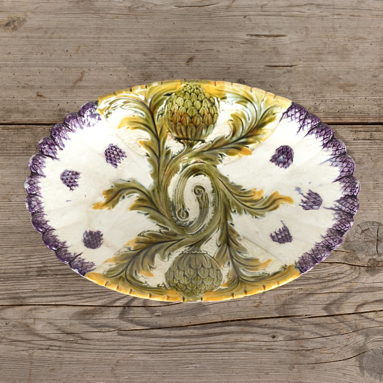 Glazed 10 French Orchies Faience Majolica Asparagus and Artichoke Plates with Platter For Sale