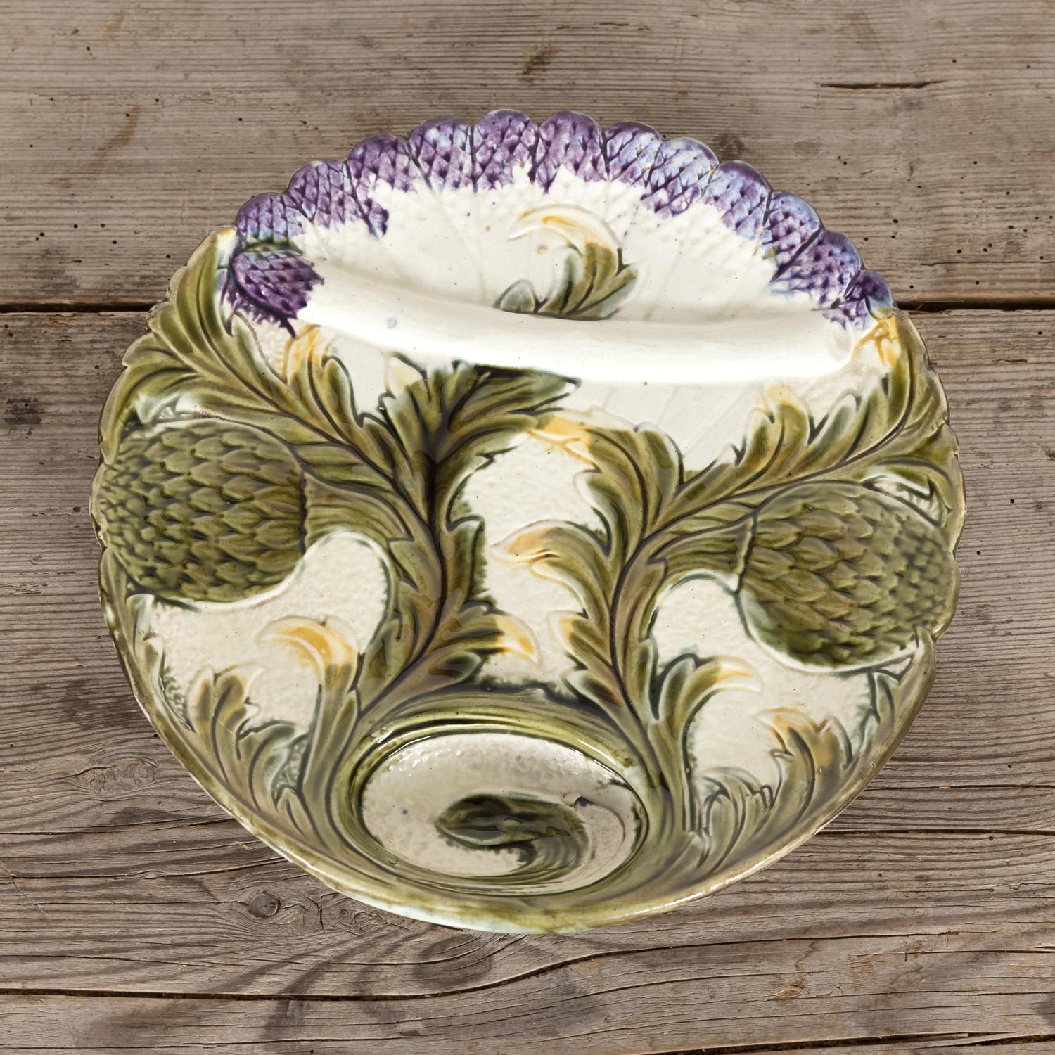 Ceramic 10 French Orchies Faience Majolica Asparagus and Artichoke Plates with Platter For Sale