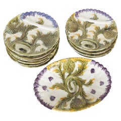 10 French Orchies Faience Majolica Asparagus and Artichoke Plates with Platter