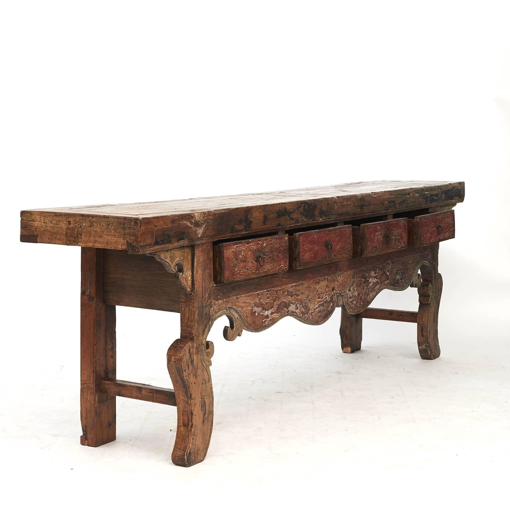 Large impressive console table / altar table from a monastery in Shanxi province, China, 1500-1600s.
Made of pine, with natural age-related patina, with remnants of red, black and yellow lacquer.
Original condition, but lovingly refurbished