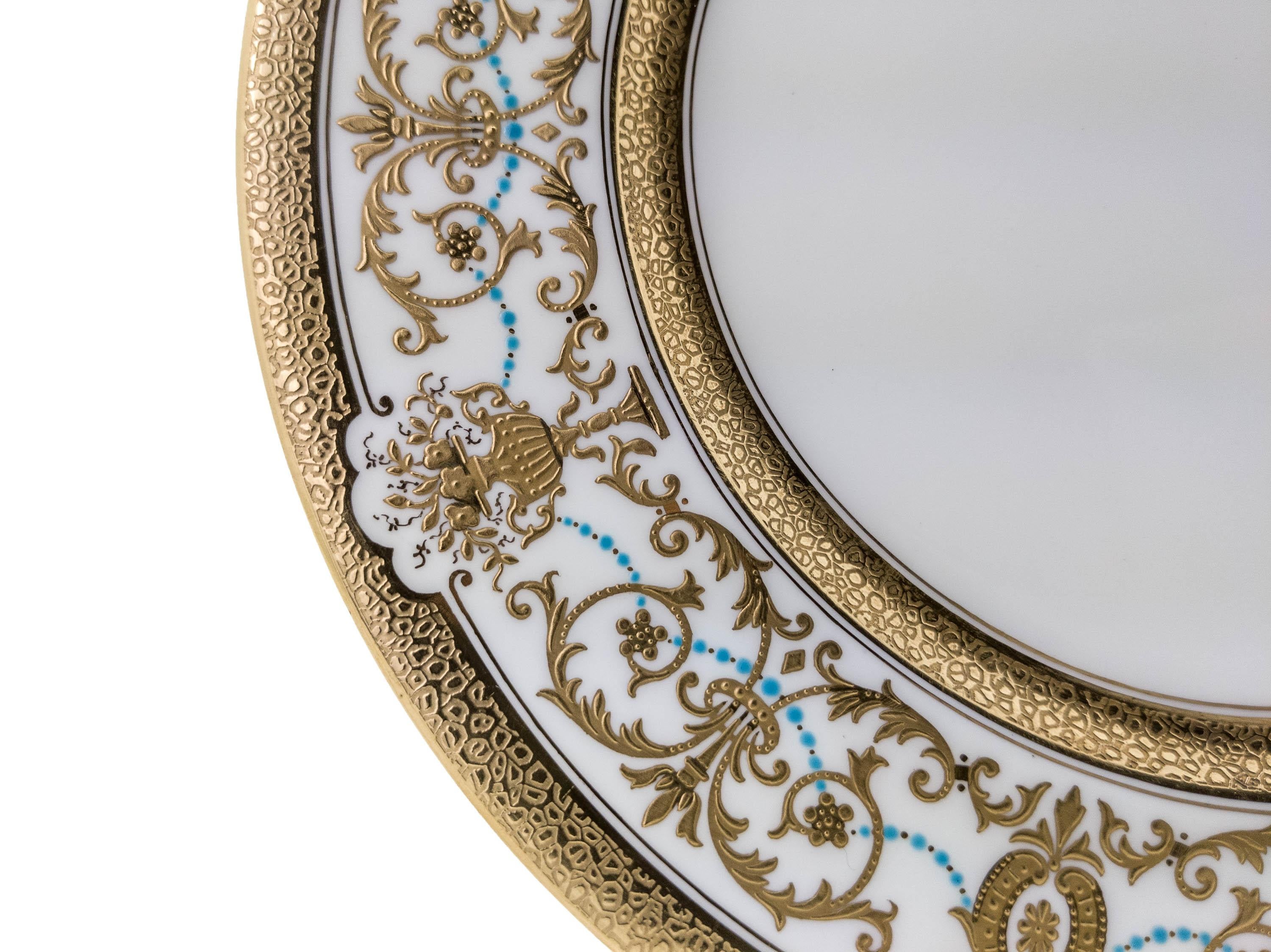 Art Nouveau 10 Gilt Encrusted and Turquoise Jewel Custom Dinner Plates, Antique English