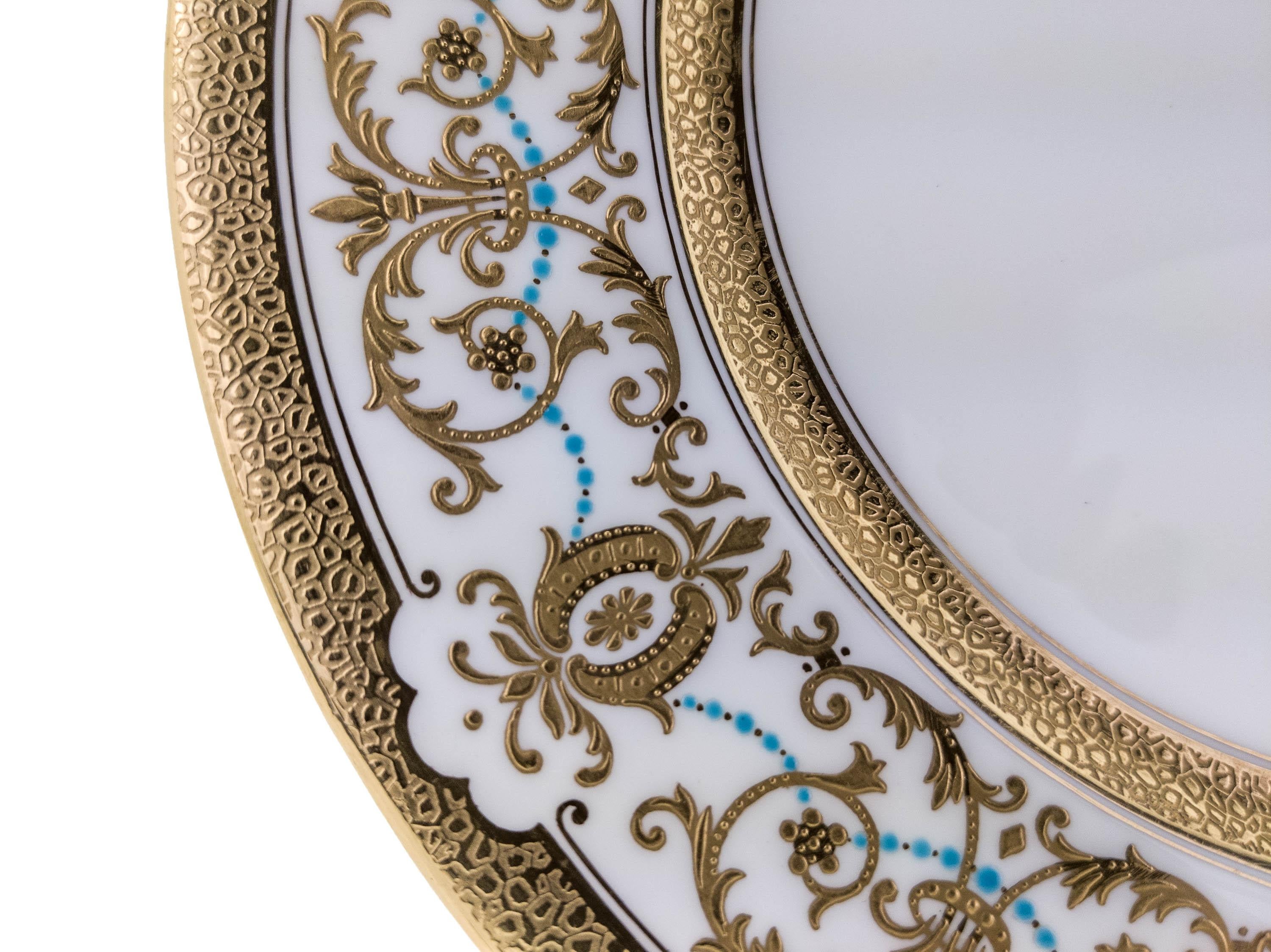 British 10 Gilt Encrusted and Turquoise Jewel Custom Dinner Plates, Antique English