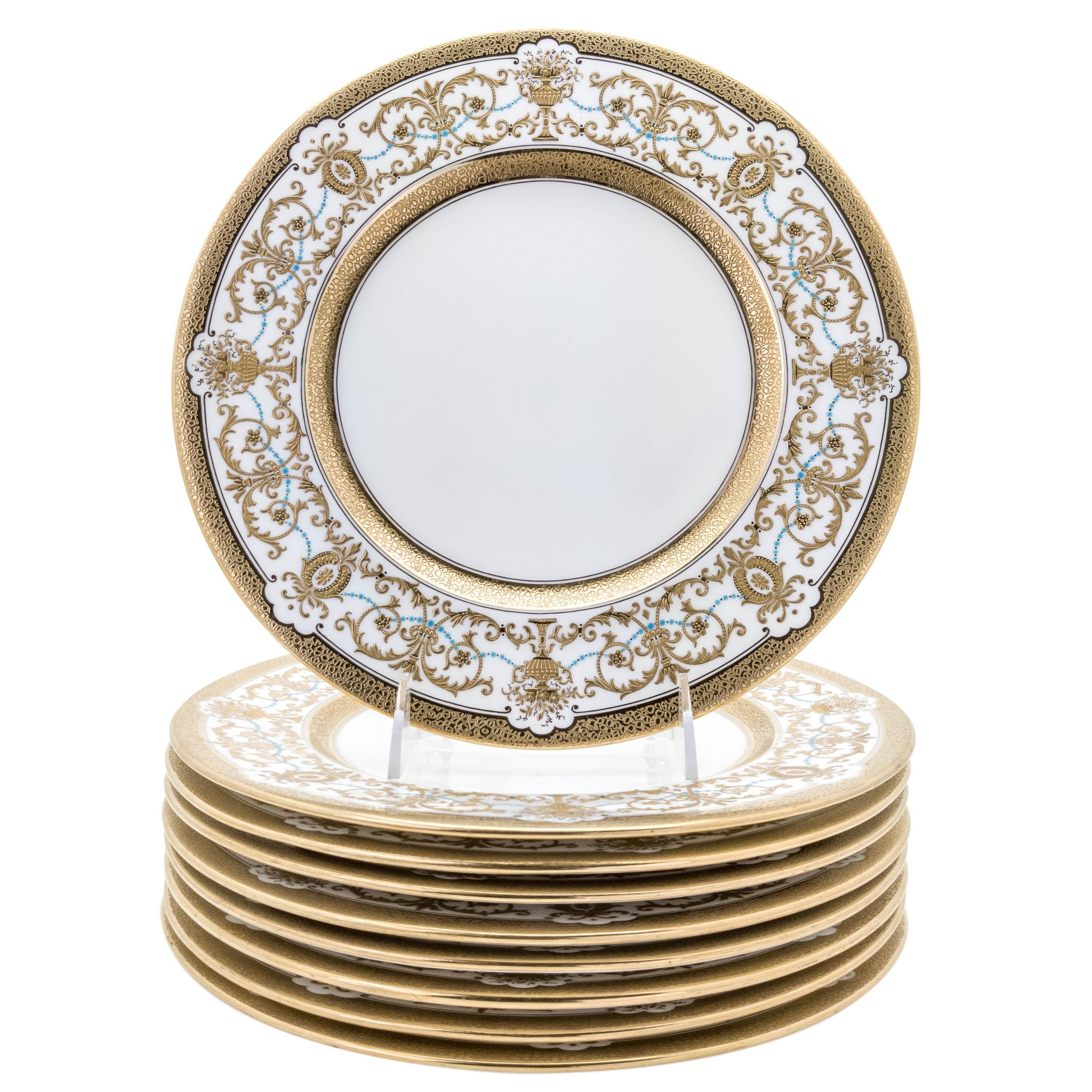 Hand-Crafted 10 Gilt Encrusted and Turquoise Jewel Custom Dinner Plates, Antique English