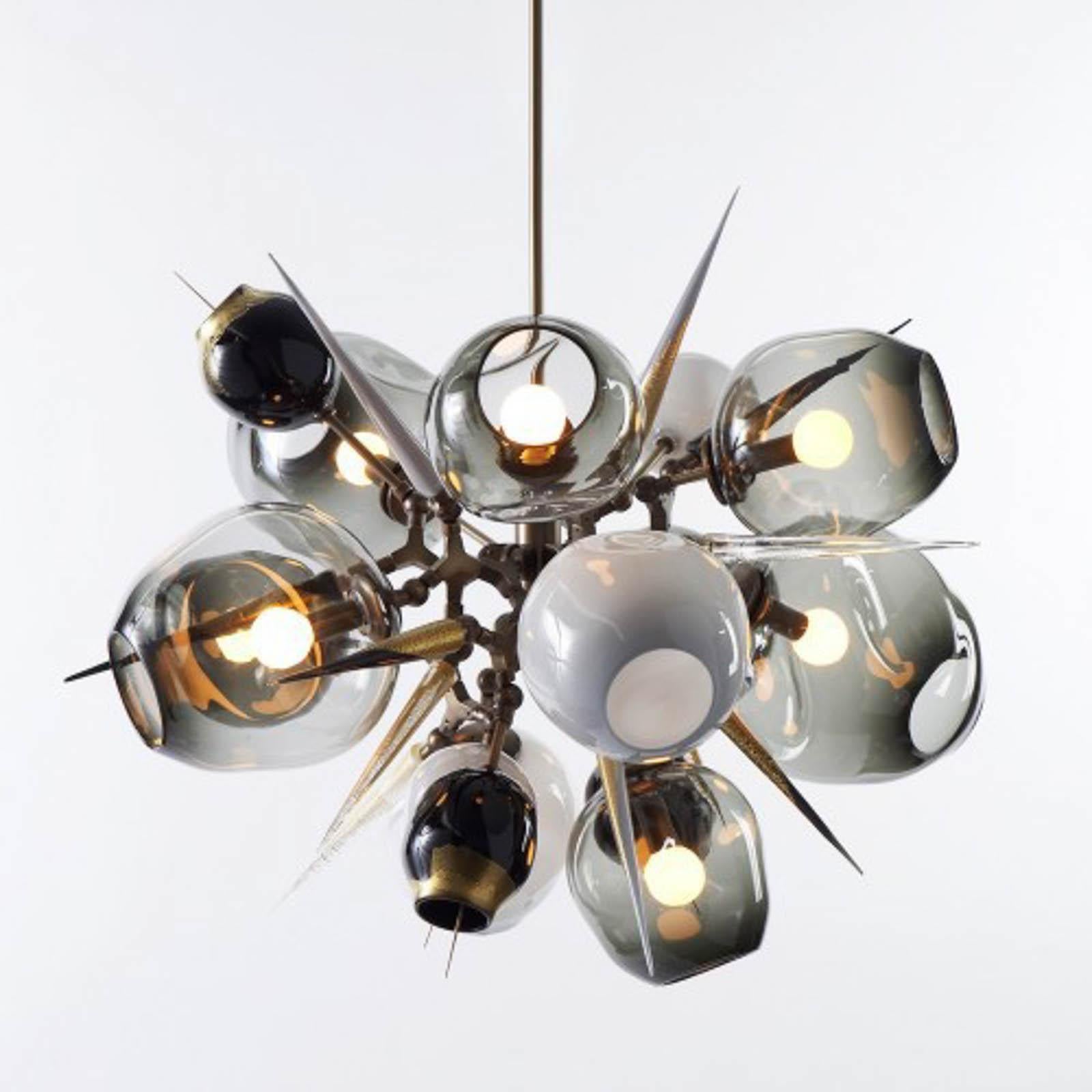 10 Globe Burst Chandelier BU.10.01 by Lindsey Adelman Studios, 2014.  A custom made hand blown glass and brass chandelier by Lindsey Adelman Studio. Inspired by 1930 French jewelry with a medieval vibe and hand blows glass spikes and barnacles that