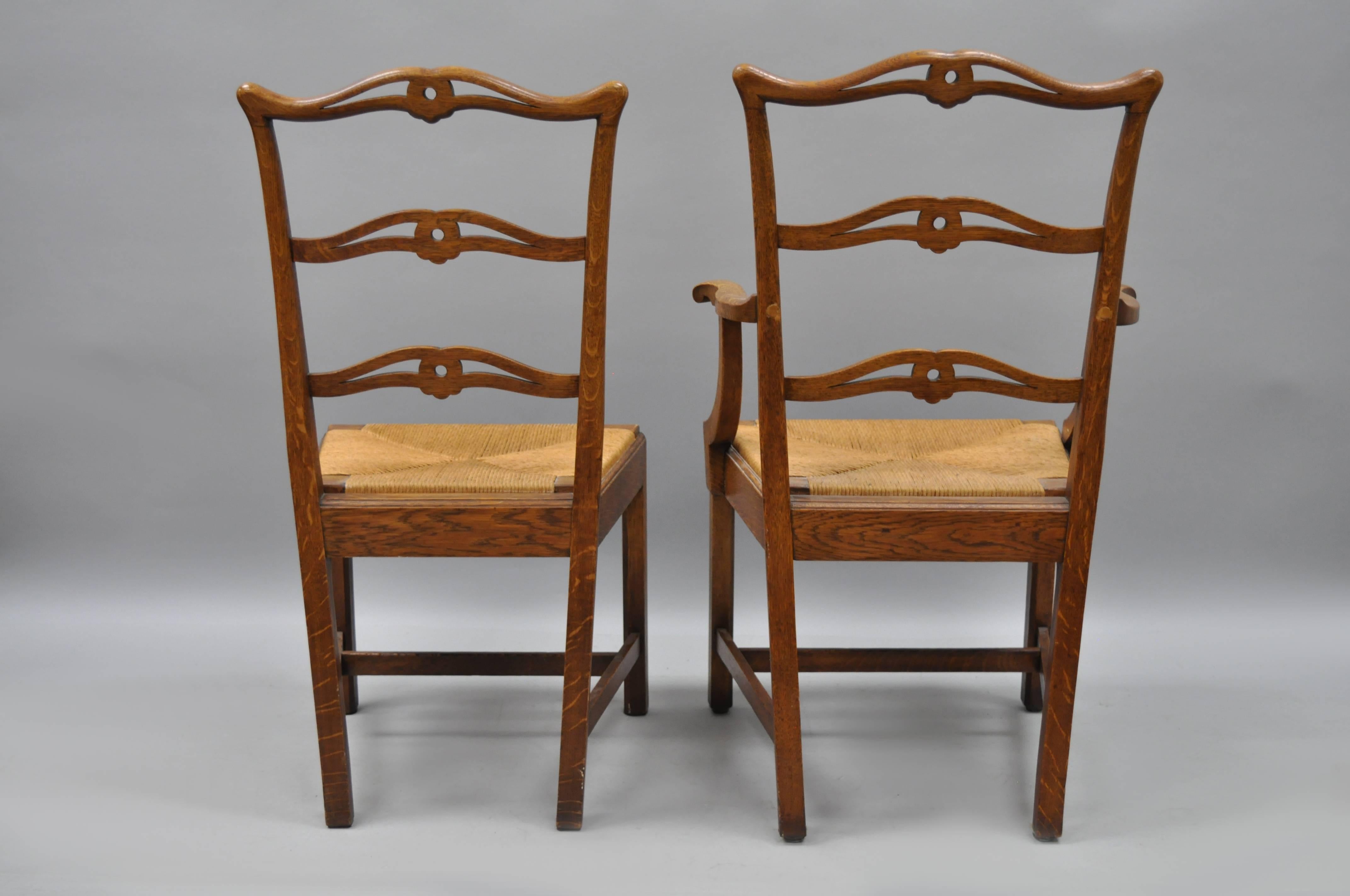 Ten Golden Oak Chippendale Mission Dining Chairs Rush Seat Ribbon Ladder Back 5