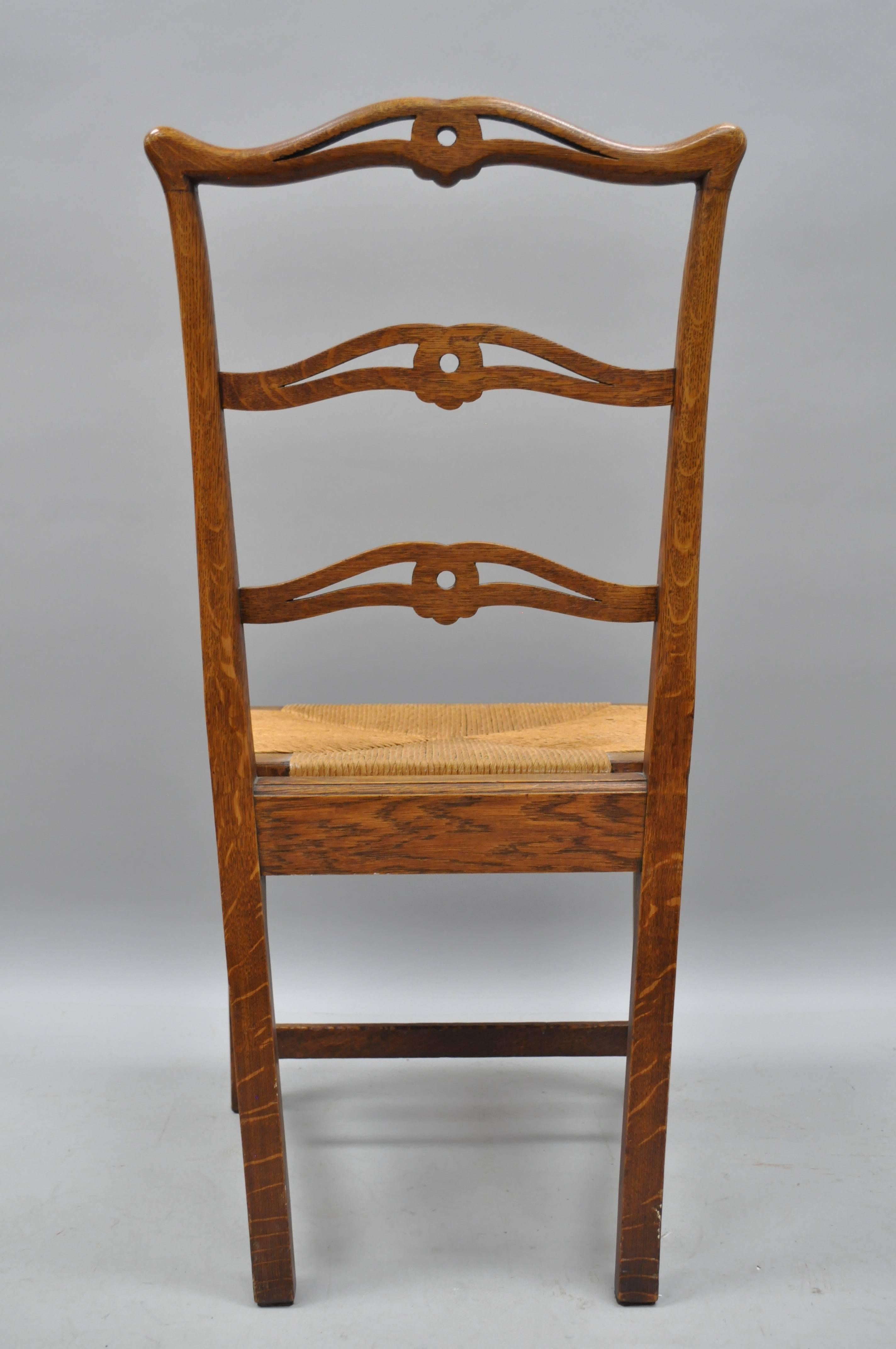 Ten Golden Oak Chippendale Mission Dining Chairs Rush Seat Ribbon Ladder Back 7