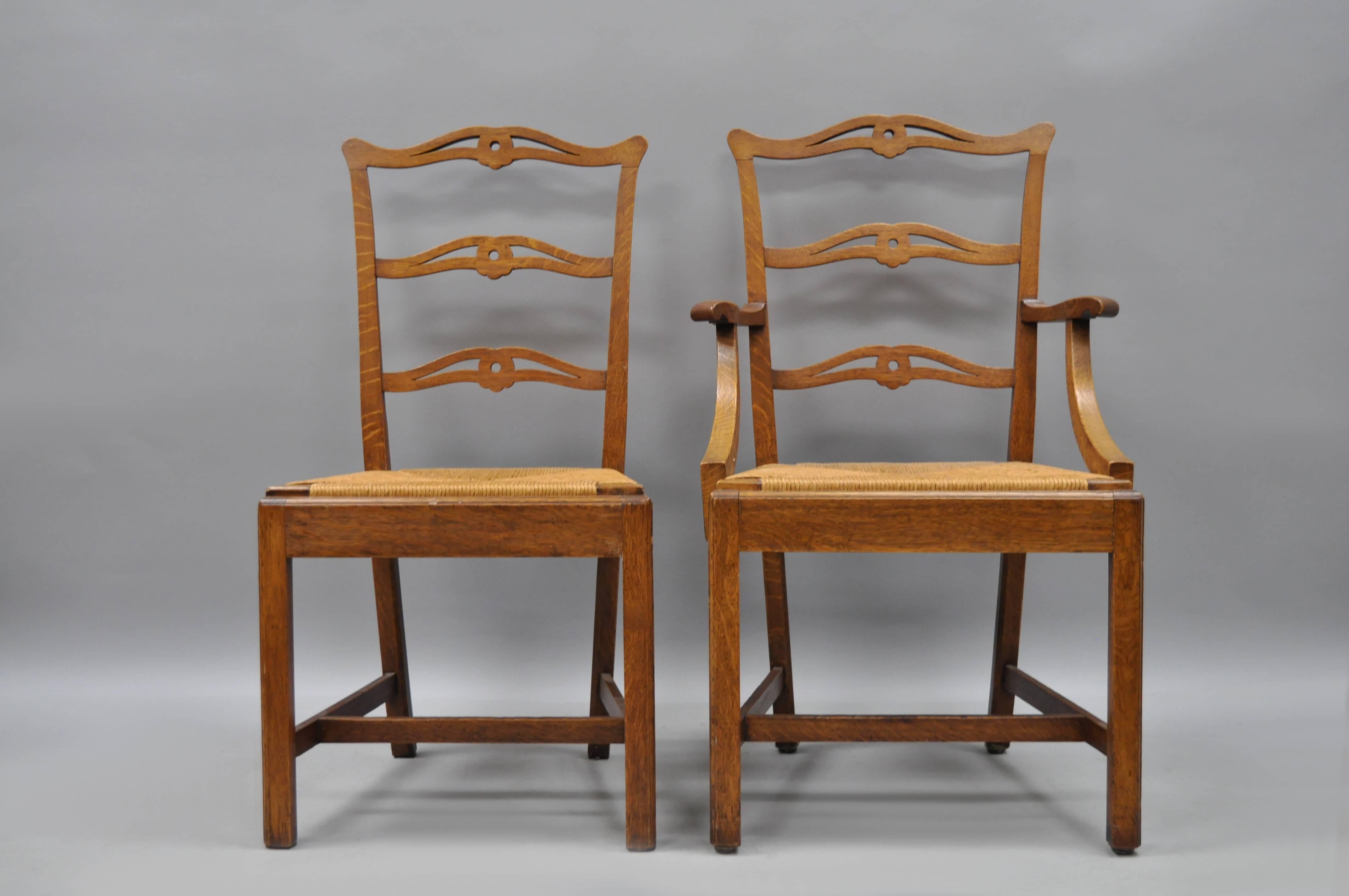 Ten Golden Oak Chippendale Mission Dining Chairs Rush Seat Ribbon Ladder Back 10