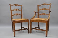 Ten Golden Oak Chippendale Mission Dining Chairs Rush Seat Ribbon Ladder Back