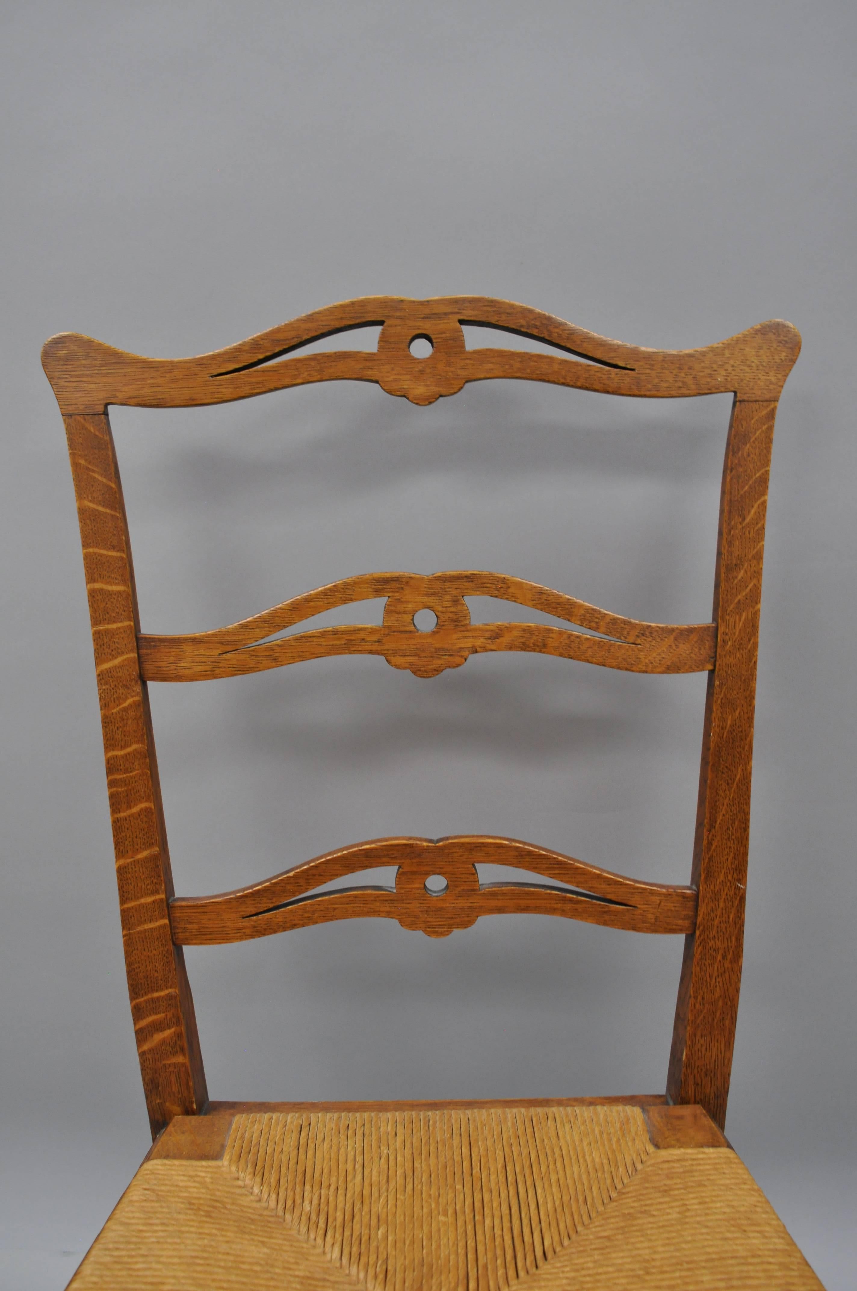 Carved Ten Golden Oak Chippendale Mission Dining Chairs Rush Seat Ribbon Ladder Back