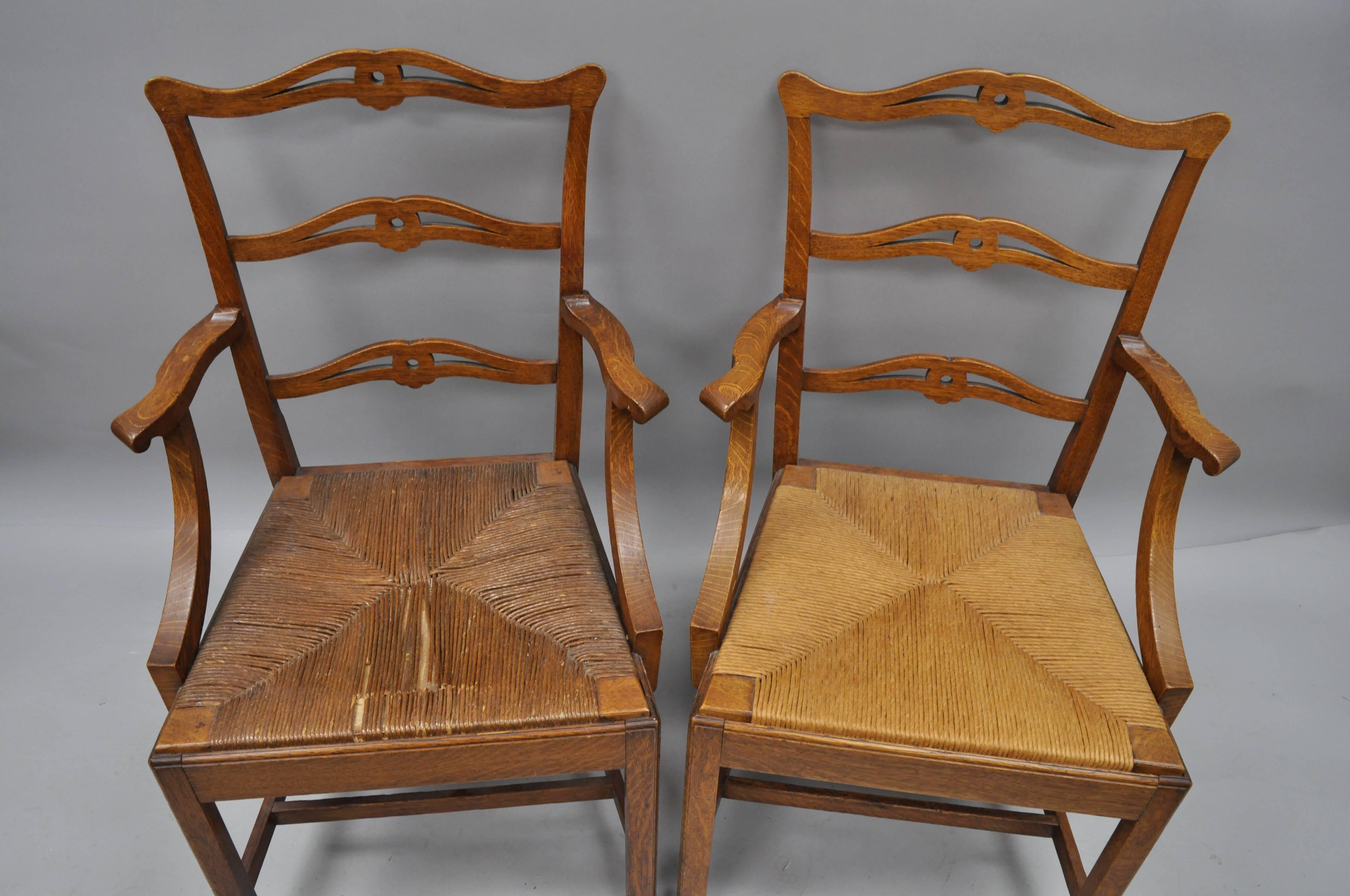 Ten Golden Oak Chippendale Mission Dining Chairs Rush Seat Ribbon Ladder Back 2