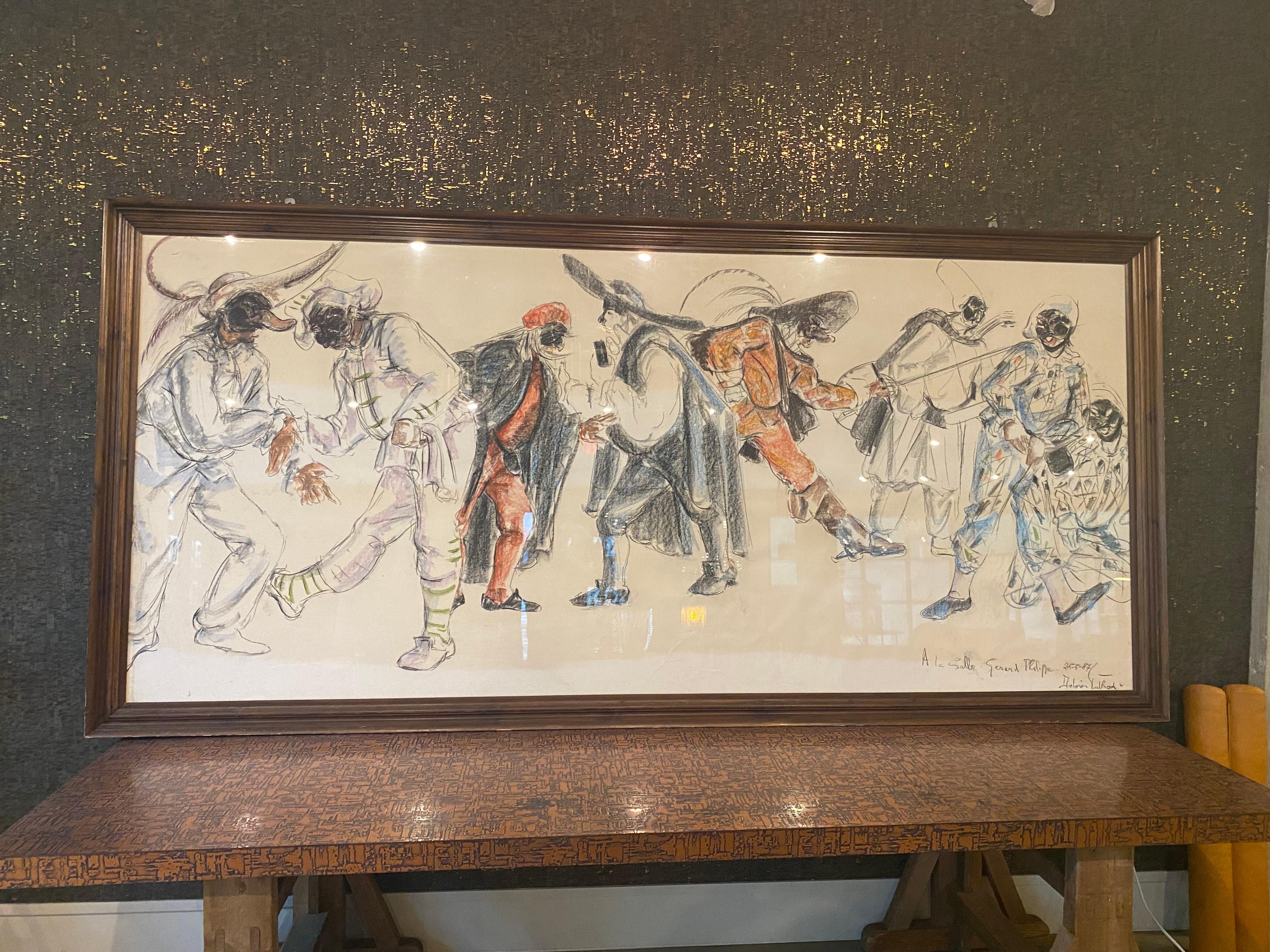 A grand drawing in charcoal and pastel on paper, mounted on board, in original frame, by the famed artist, Dolores Puthold.  A frequent painter of the performing arts, and labeled with La Salle Gerard Philipe, this is likely a preparatory work for a