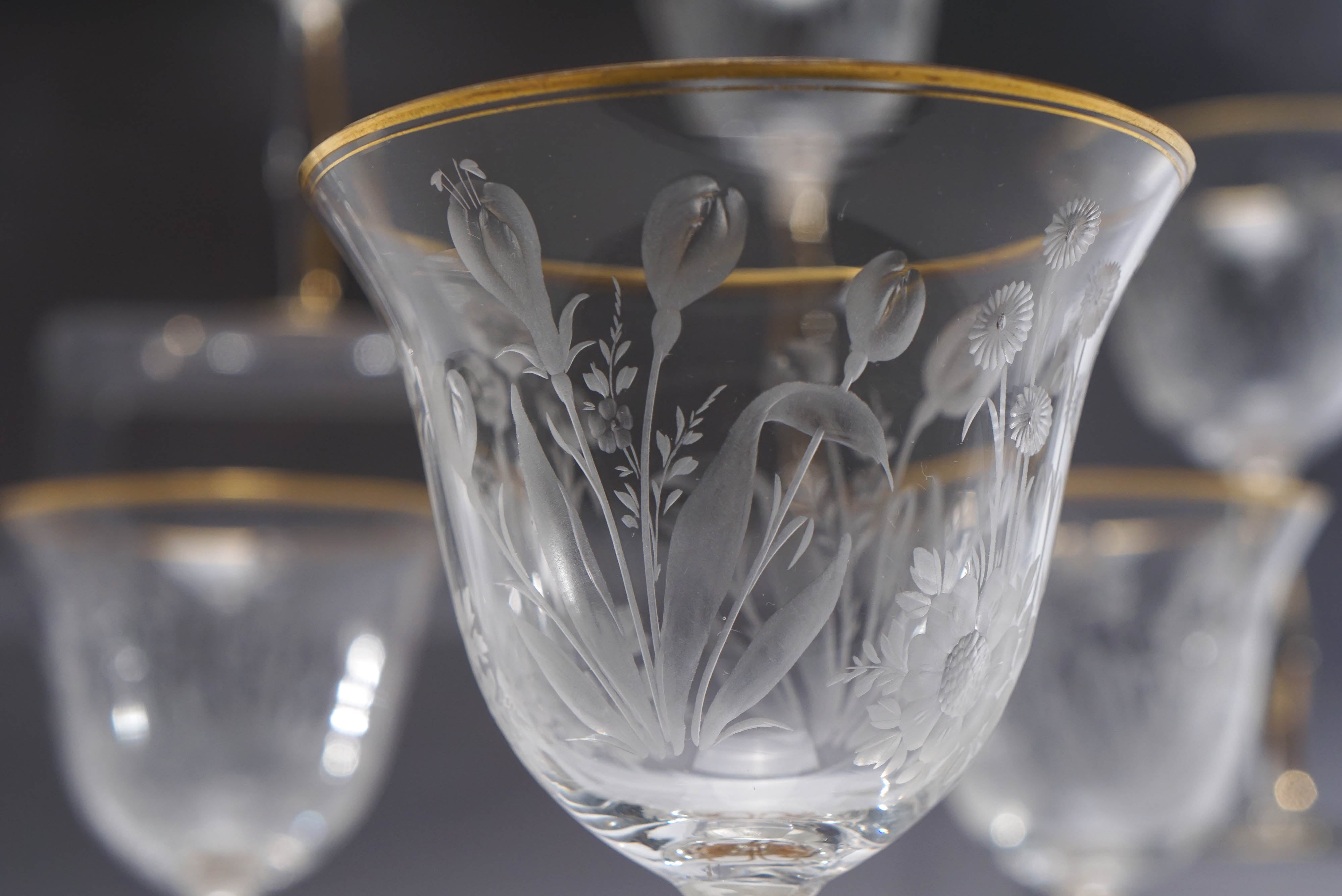 Art Nouveau 10 Hand Blown Crystal Mousseline Goblets Wine w/ Intaglio Cut Floral Decoration For Sale
