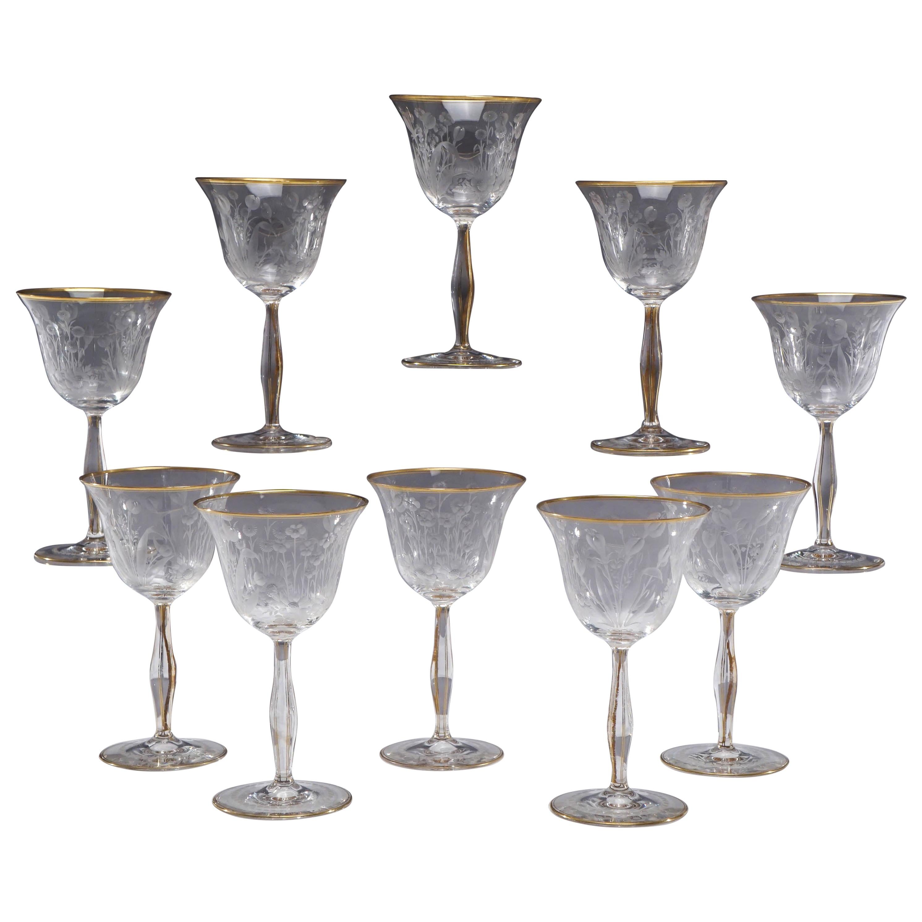 10 Hand Blown Crystal Mousseline Goblets Wine w/ Intaglio Cut Floral Decoration