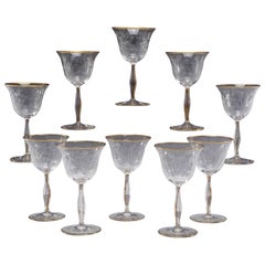 Antique 10 Hand Blown Crystal Mousseline Goblets Wine w/ Intaglio Cut Floral Decoration