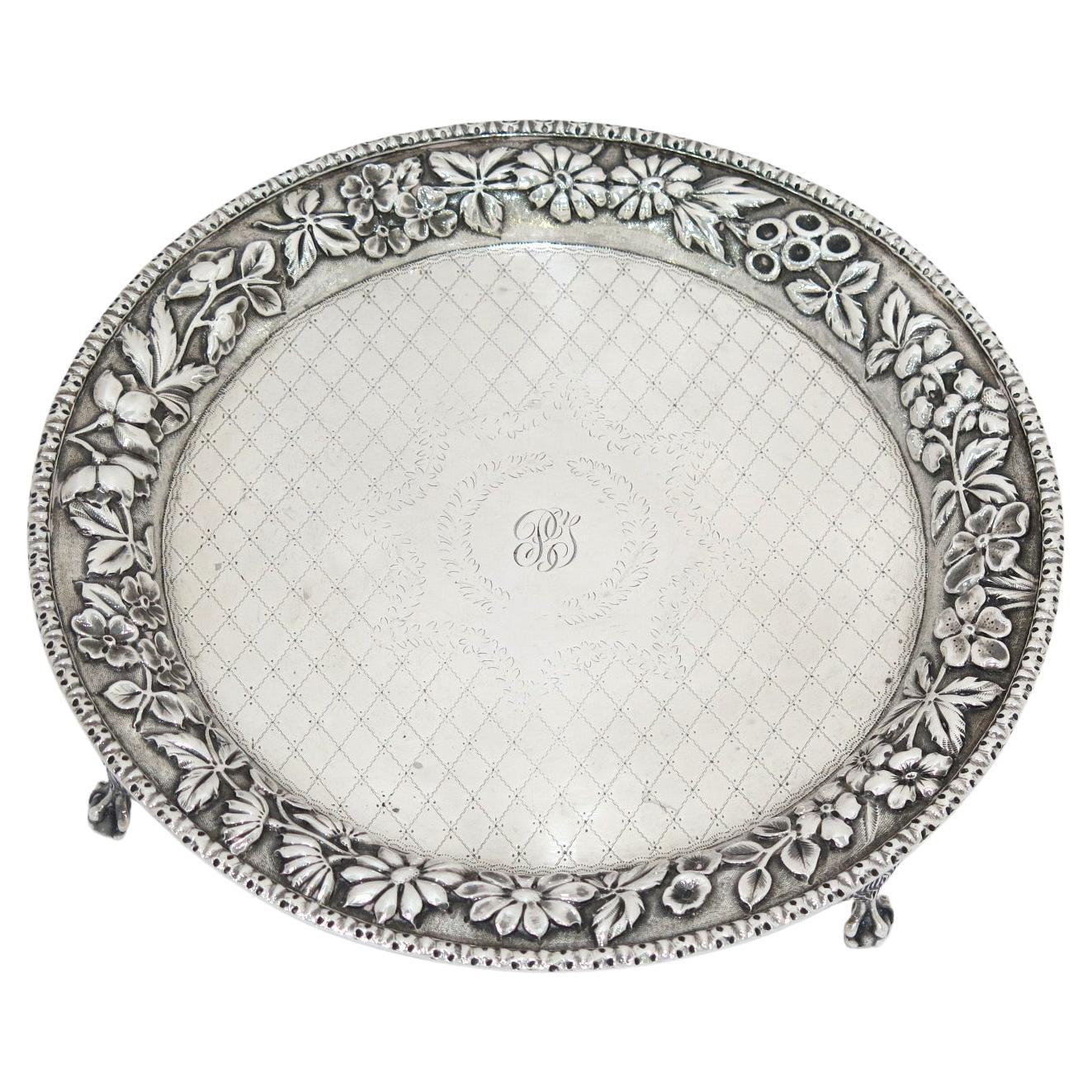 10 in - Sterling Silver S. Kirk & Son Antique Floral Repousse Footed Round Tray For Sale