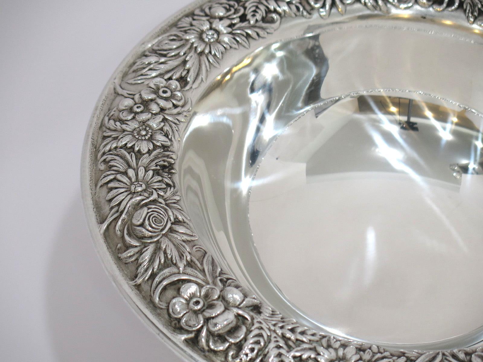 American 10 in Sterling Silver S. Kirk & Son Vintage Floral Repousse Footed Serving Bowl For Sale