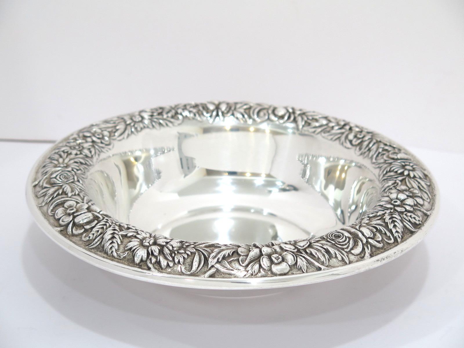 American Sterling Silver S. Kirk & Son Antique Floral Repousse Serving Bowl For Sale