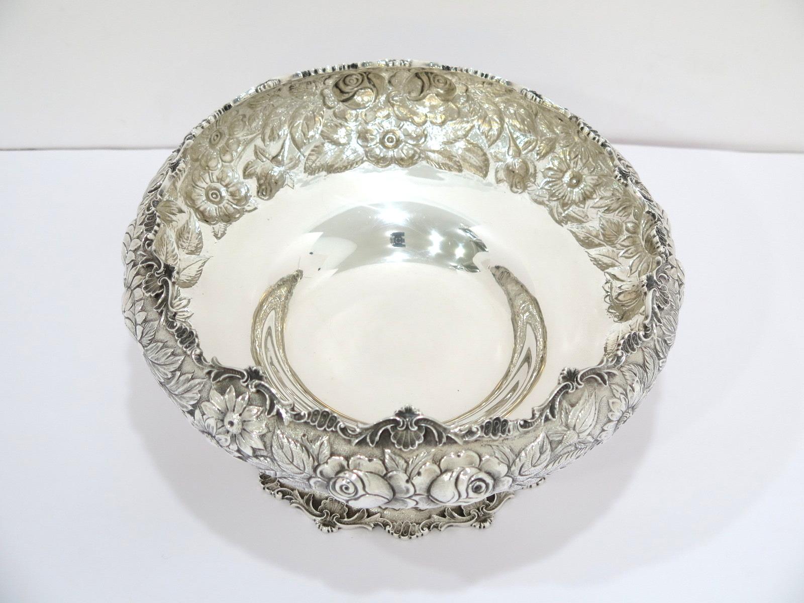 American Sterling Silver S. Kirk & Son Vintage Floral Repousse Footed Serving Bowl