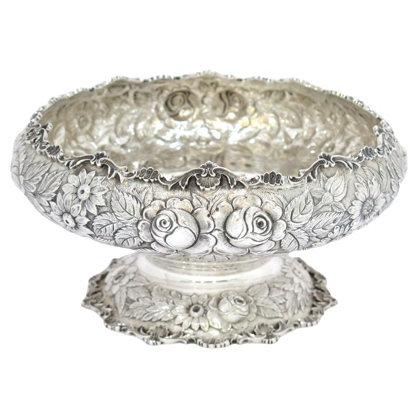 Sterling Silver S. Kirk & Son Vintage Floral Repousse Footed Serving Bowl