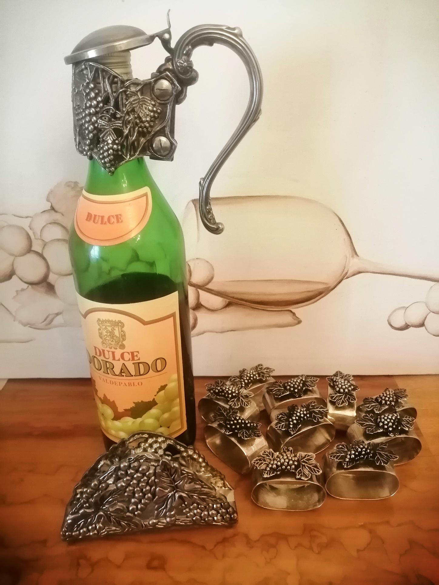 Metal 11 Individual Napkin Rings, a Napkin Holder and Handle Holds Bottles With Grape For Sale