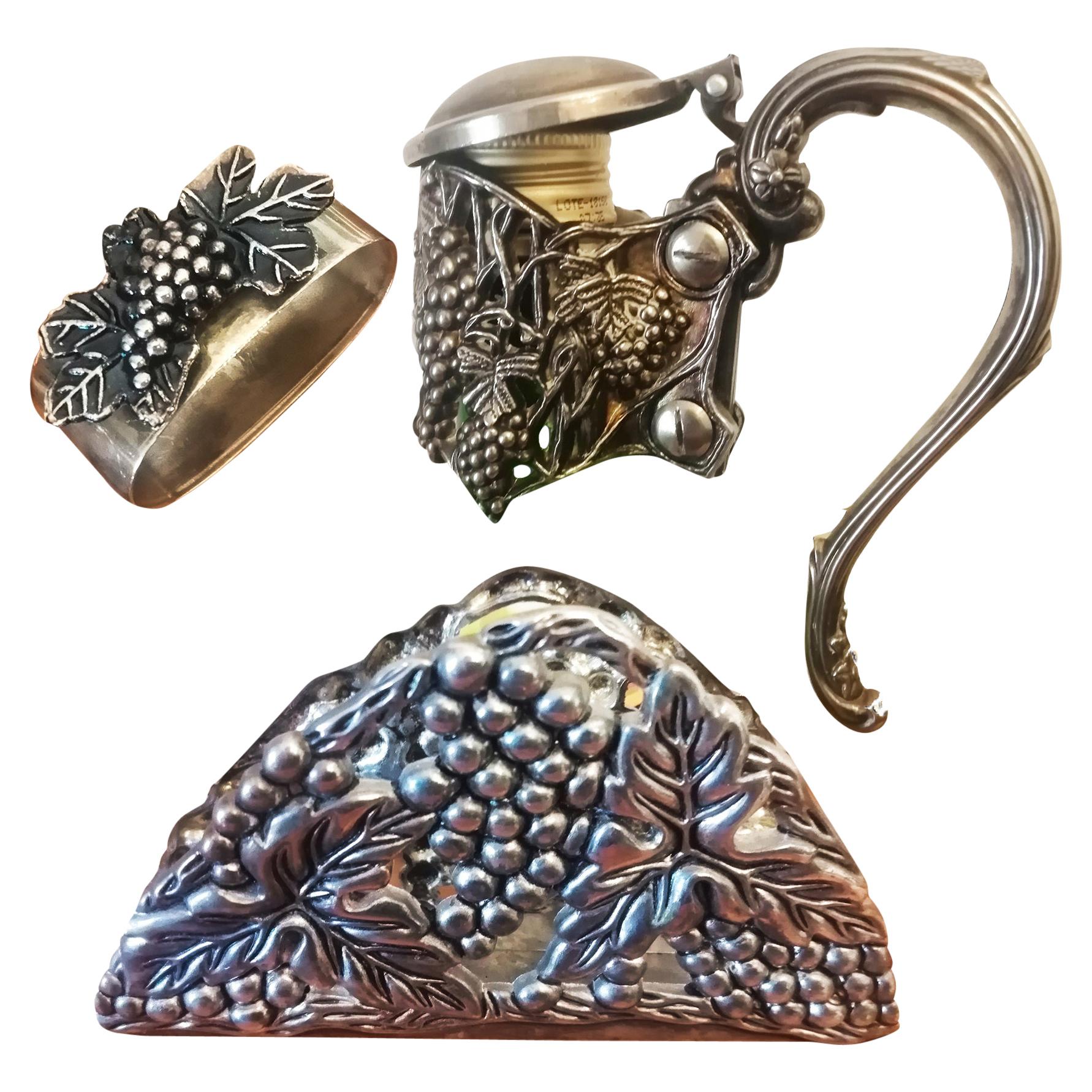 11 Individual Napkin Rings, a Napkin Holder and Handle Holds Bottles With Grape For Sale