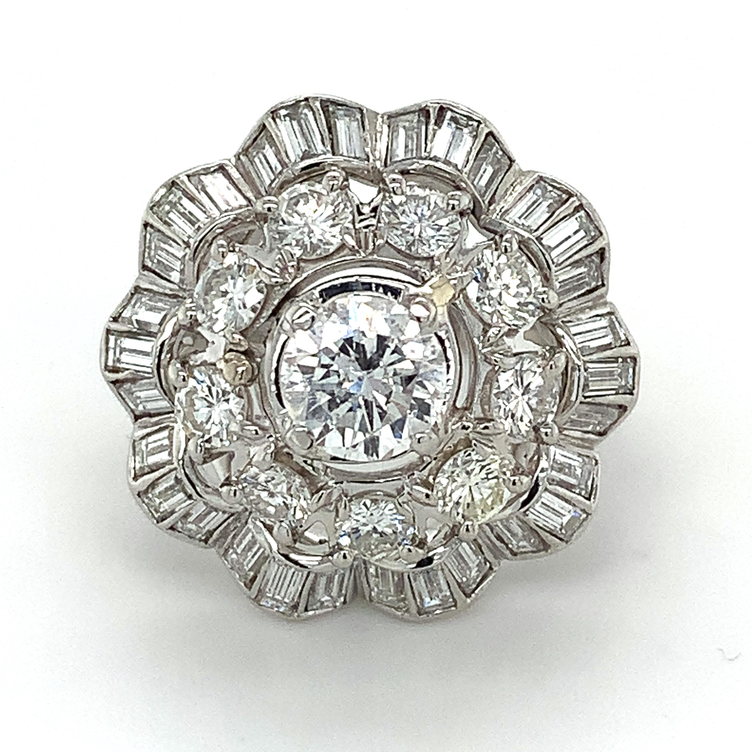 10% Iridium 90% Platinum White Round & Baguette Diamonds Ring
10.9 Grams
Ring Size 5.25
1 Round Diamond Center 0.85 Carat Center 
Color: G-H Clarity: I1
Baguette And Round Diamonds 
2.5  Carats Total Weight
Clarity: Vs1-Si Color: G-I
This is a