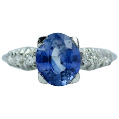 bague en platine 90% Iridium 10% saphir bleu de Ceylan ovale et diamant taille unique