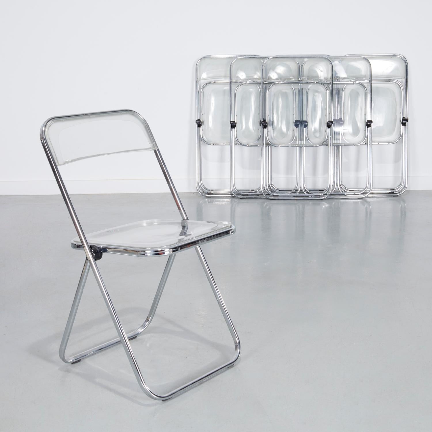 Modern 10 Italian Castelli Plea Style Clear Acrylic and Chrome Folding Chairs by Talin