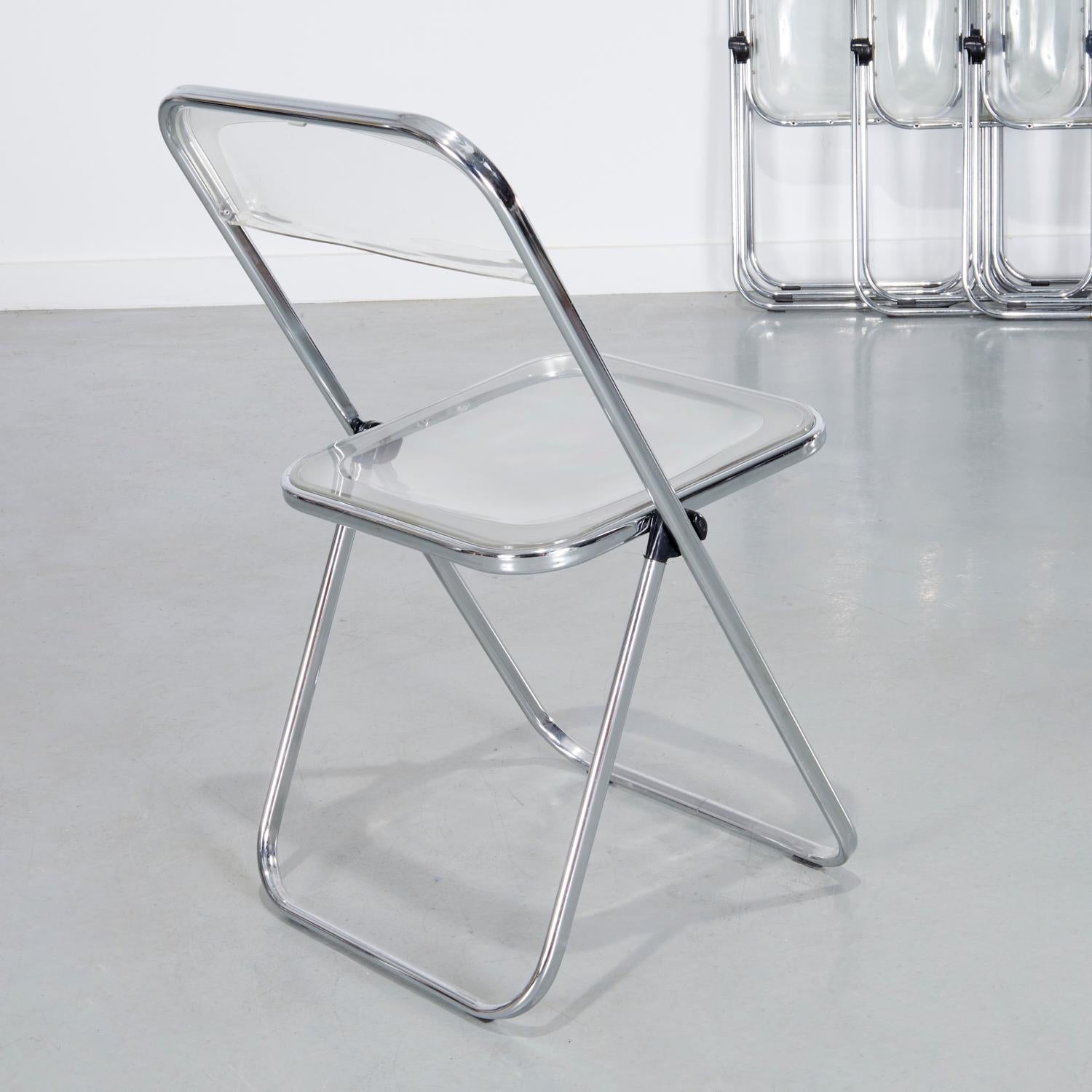 Molded 10 Italian Castelli Plea Style Clear Acrylic and Chrome Folding Chairs by Talin