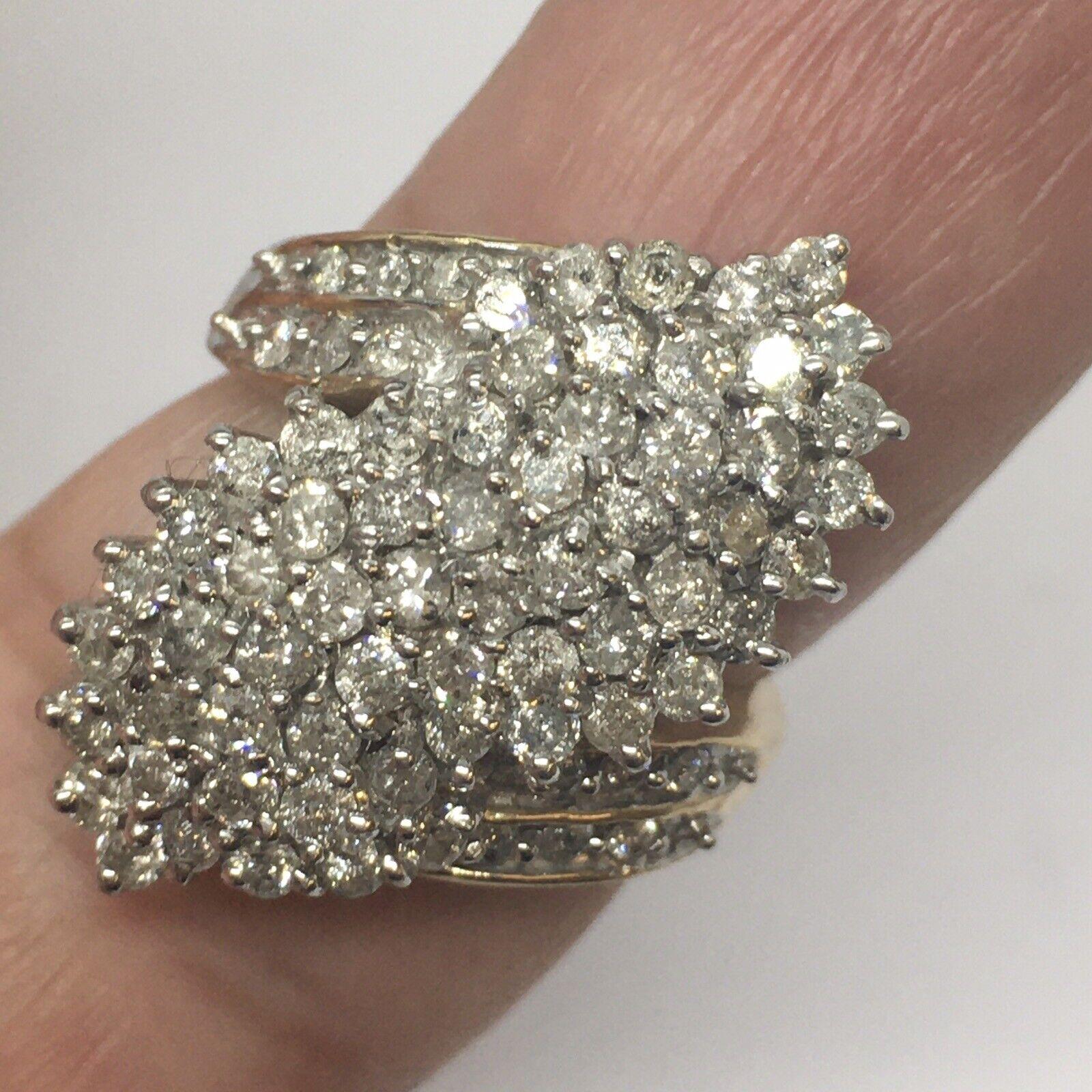 Women's 10 k Yellow Gold White Gold Top 2.35 Carat Total Diamond Cluster Ring Size 7 For Sale