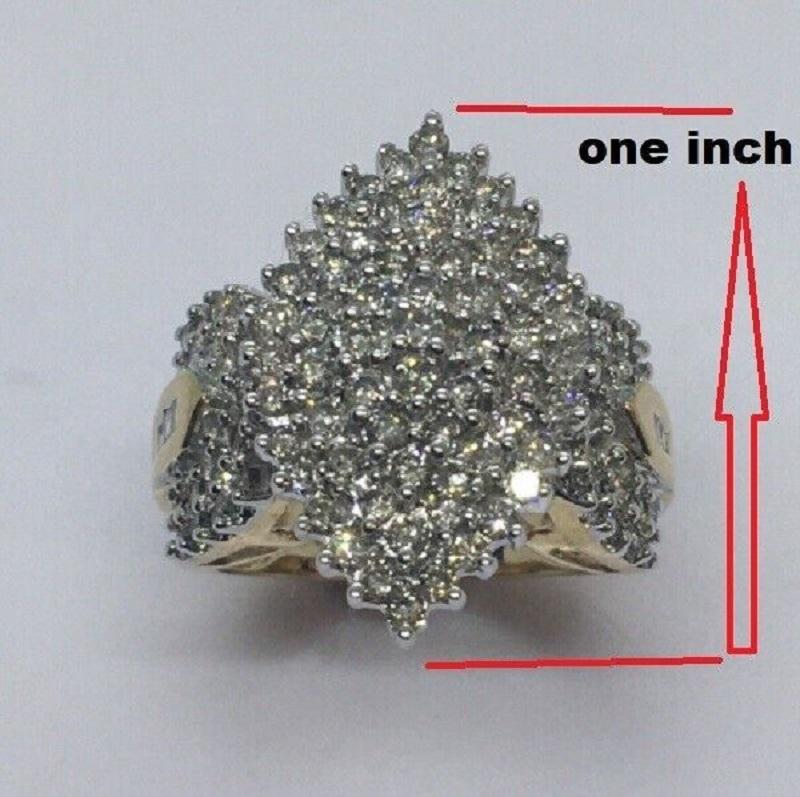 Women's 10 k Yellow Gold White Gold Top 2.5 Carat Total Diamond Cluster Ring Size 7.25 For Sale