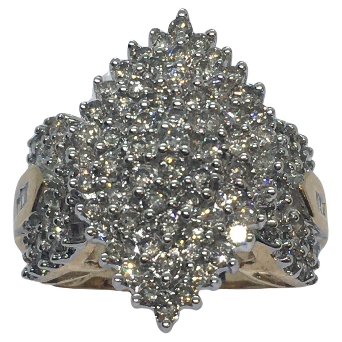 10 k Yellow Gold White Gold Top 2.5 Carat Total Diamond Cluster Ring Size 7.25 For Sale