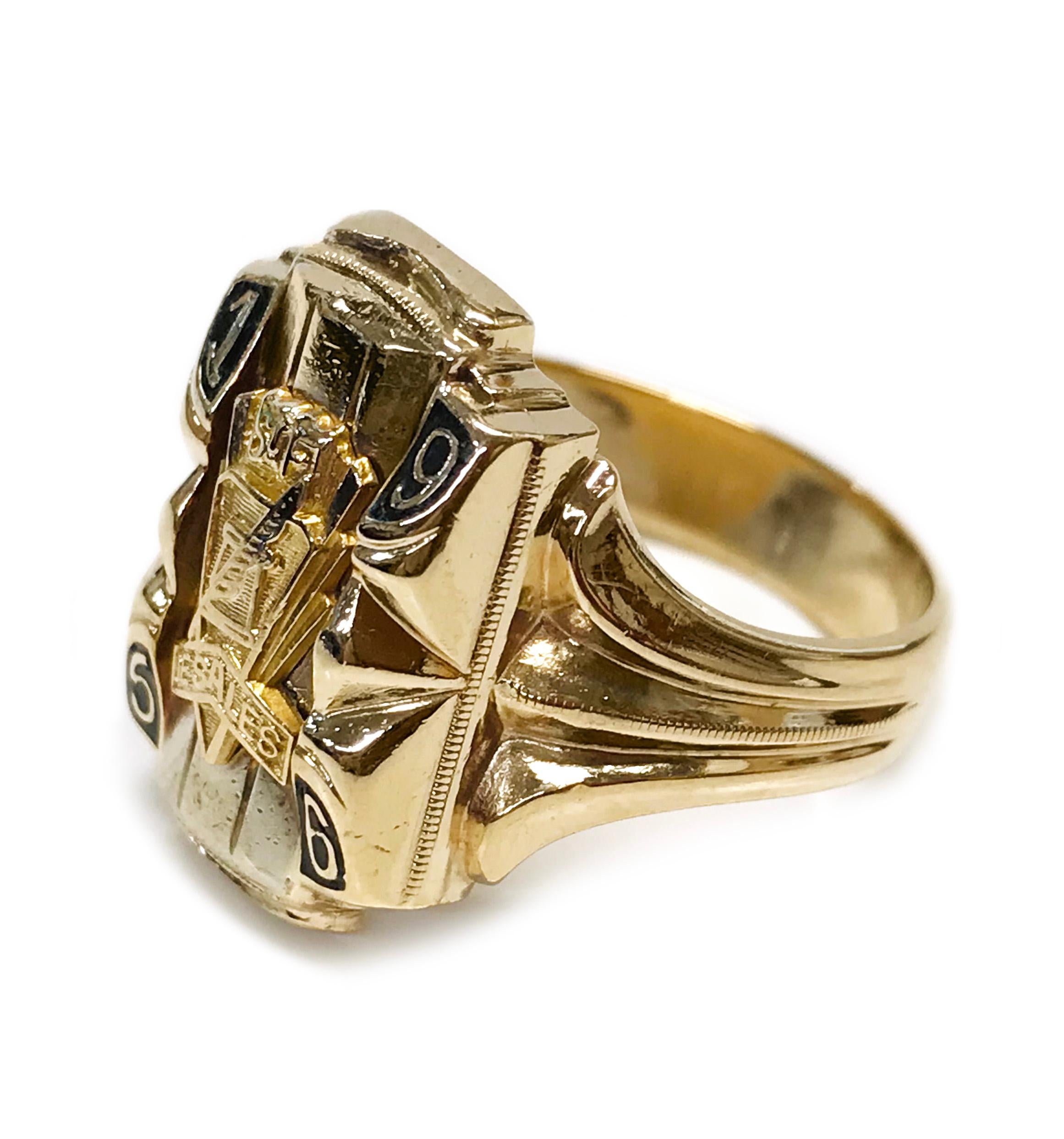 10 Karat 1956 Desales Class Ring. The ring features the letters St F, an inkwell and plume, and Desales on the front and center of the ring. The numbers 1, 9, 5, and 6 appear on each corner of the front with black enamel as the background. Engraved