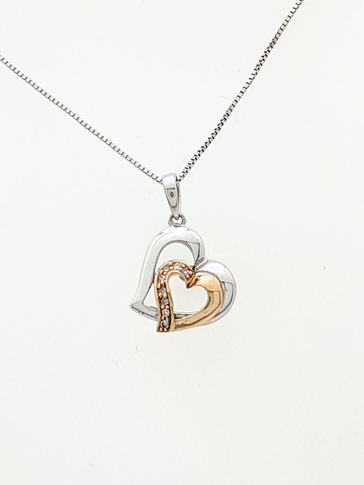 Round Cut 10 Karat 2-Tone Diamond Heart Pendant Necklace For Sale