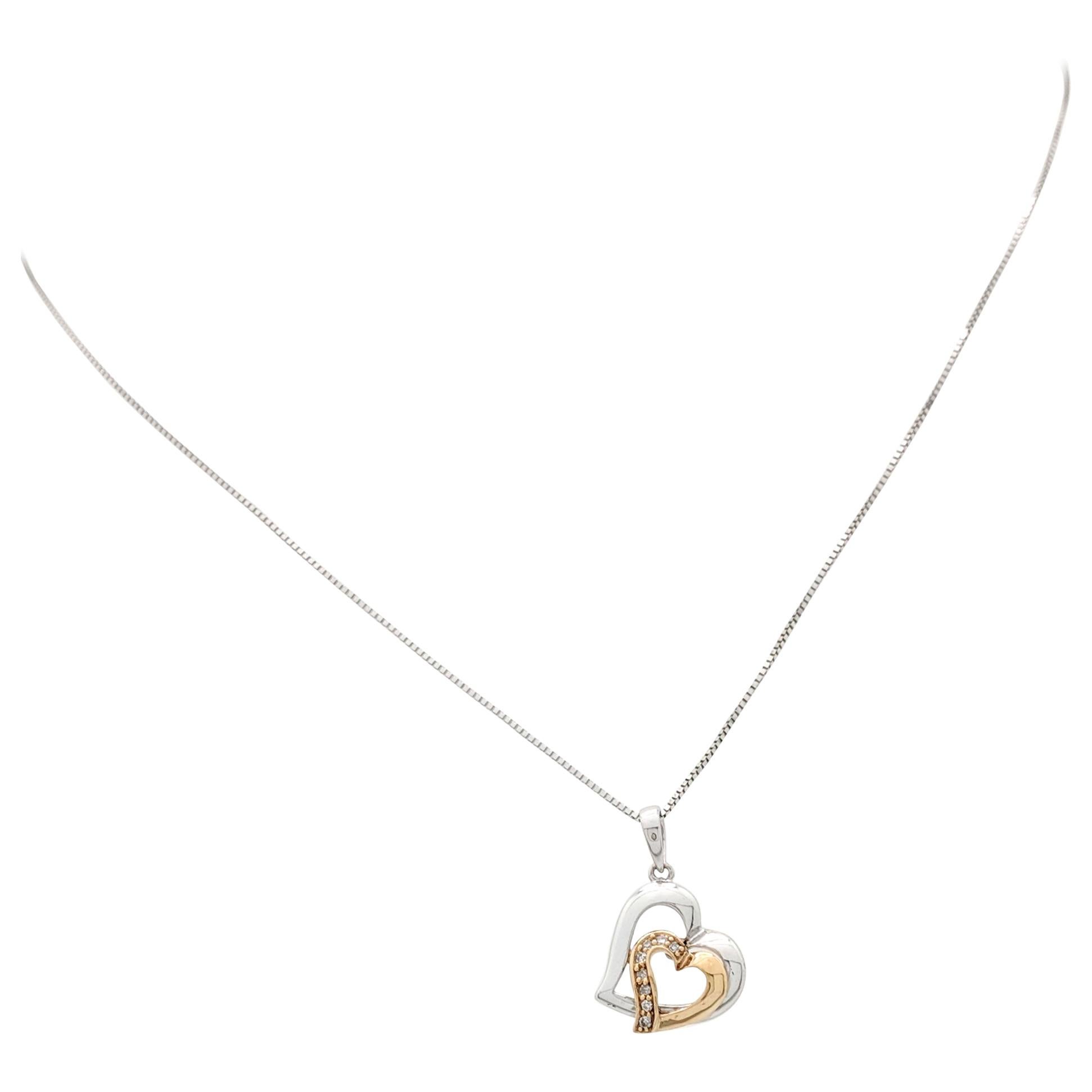 10 Karat 2-Tone Diamond Heart Pendant Necklace For Sale