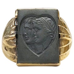 10 Karat Art Deco Hematite Intaglio Ring, Circa 1930s