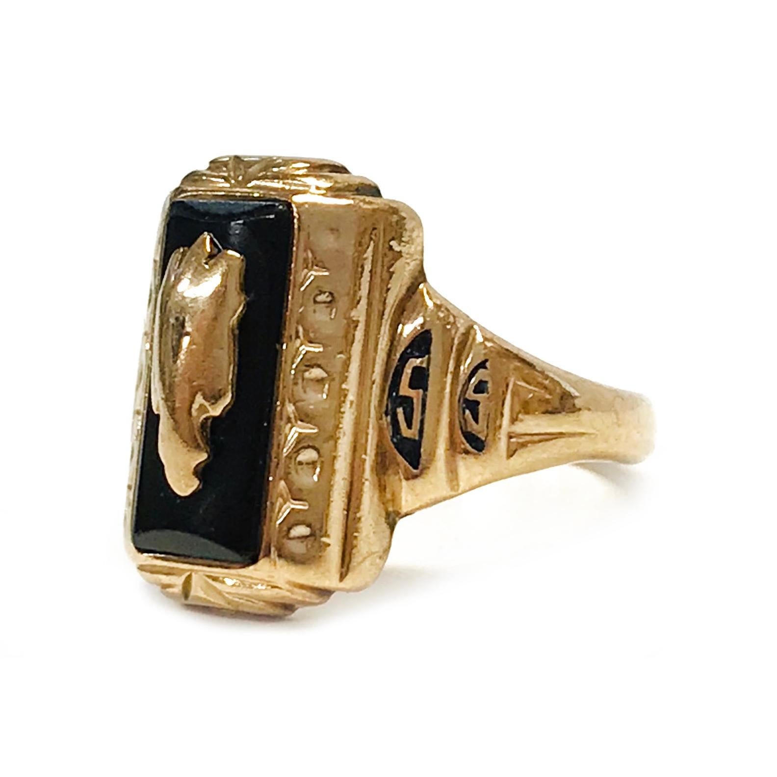 10 Karat Black Onyx School Ring. The ring features a 10.8mm x 5.2mm Black Onyx cabochon. Inside the ring is 10K and Erryberry (There looks to be a letter worn off, see photo for reference) PHS. The ring size is 4 1/4 and the ring has a gold weight