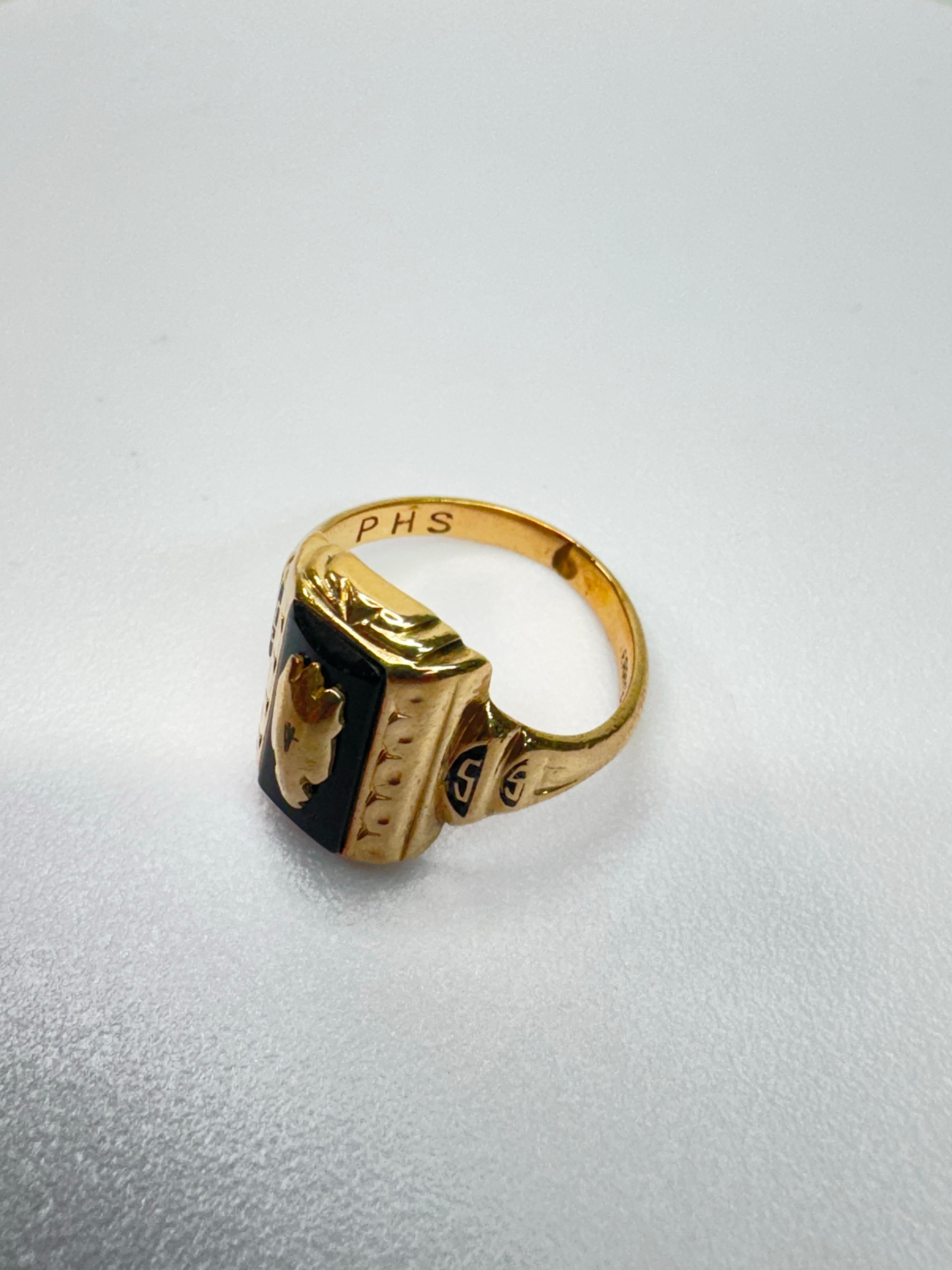 Women's or Men's 10 Karat Black Onyx School Ring, Circa 1955 For Sale