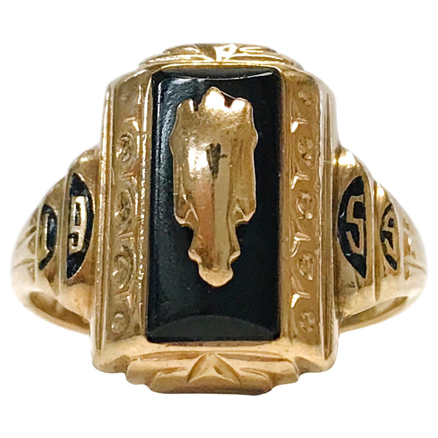 10 Karat Black Onyx School Ring, Circa 1955 For Sale