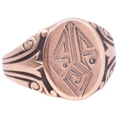 10 Karat Chased Embossed Monogrammed Enameled Signet Ring, circa 1920