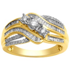 10 Karat Gold 1/2 Carat Baguette and Round Natural White Diamond 3-Stones Ring