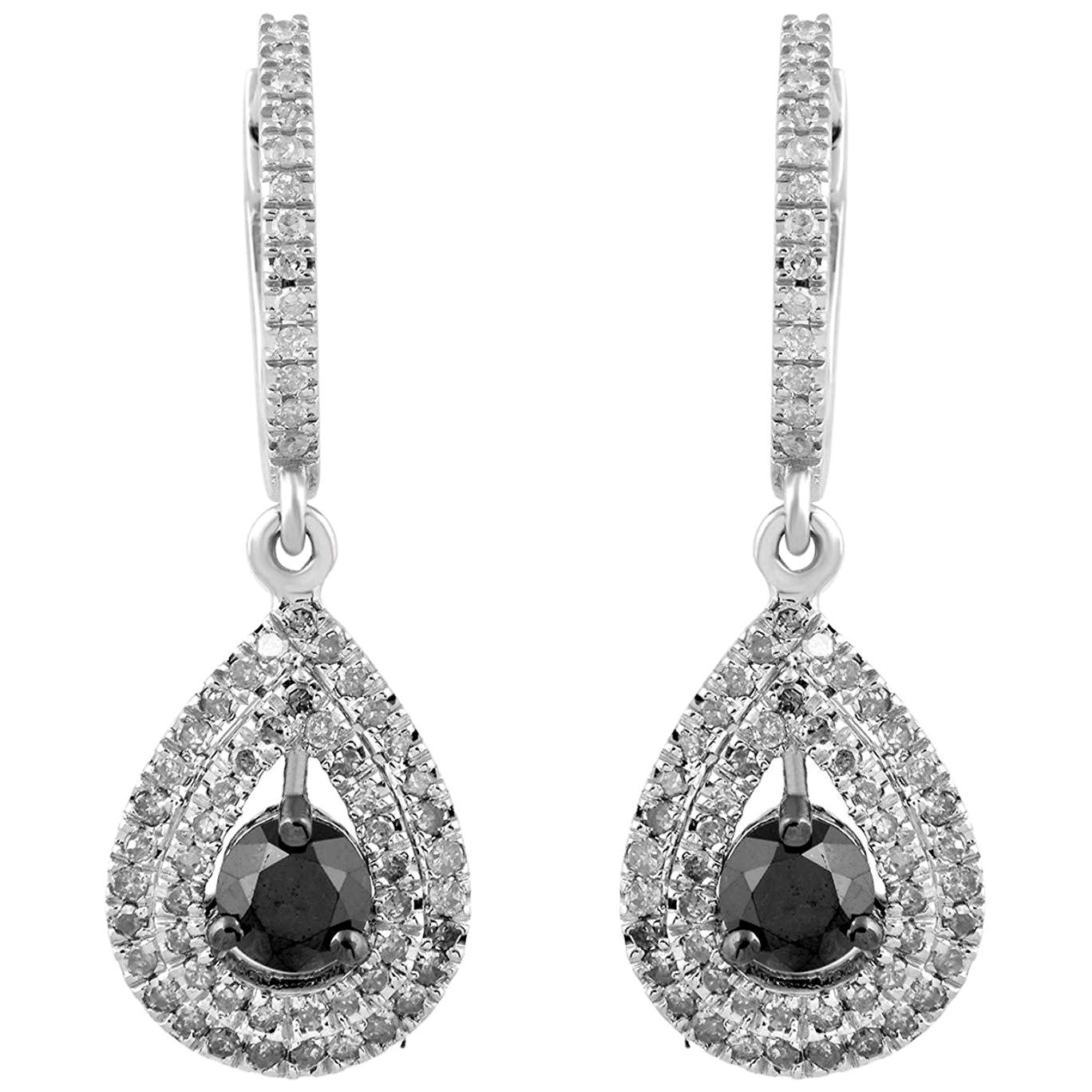 10 Karat Gold 11/4 Carat Round Black and White Diamond Teardrop Dangle Earrings For Sale