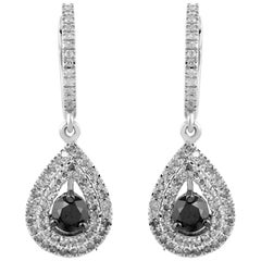 10 Karat Gold 11/4 Carat Round Black and White Diamond Teardrop Dangle Earrings