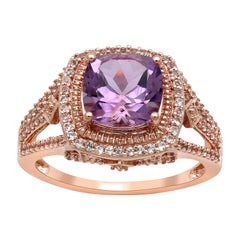 10 Karat Gold Cushion Shape Light Amethyst and Round White Topaz Halo Ring