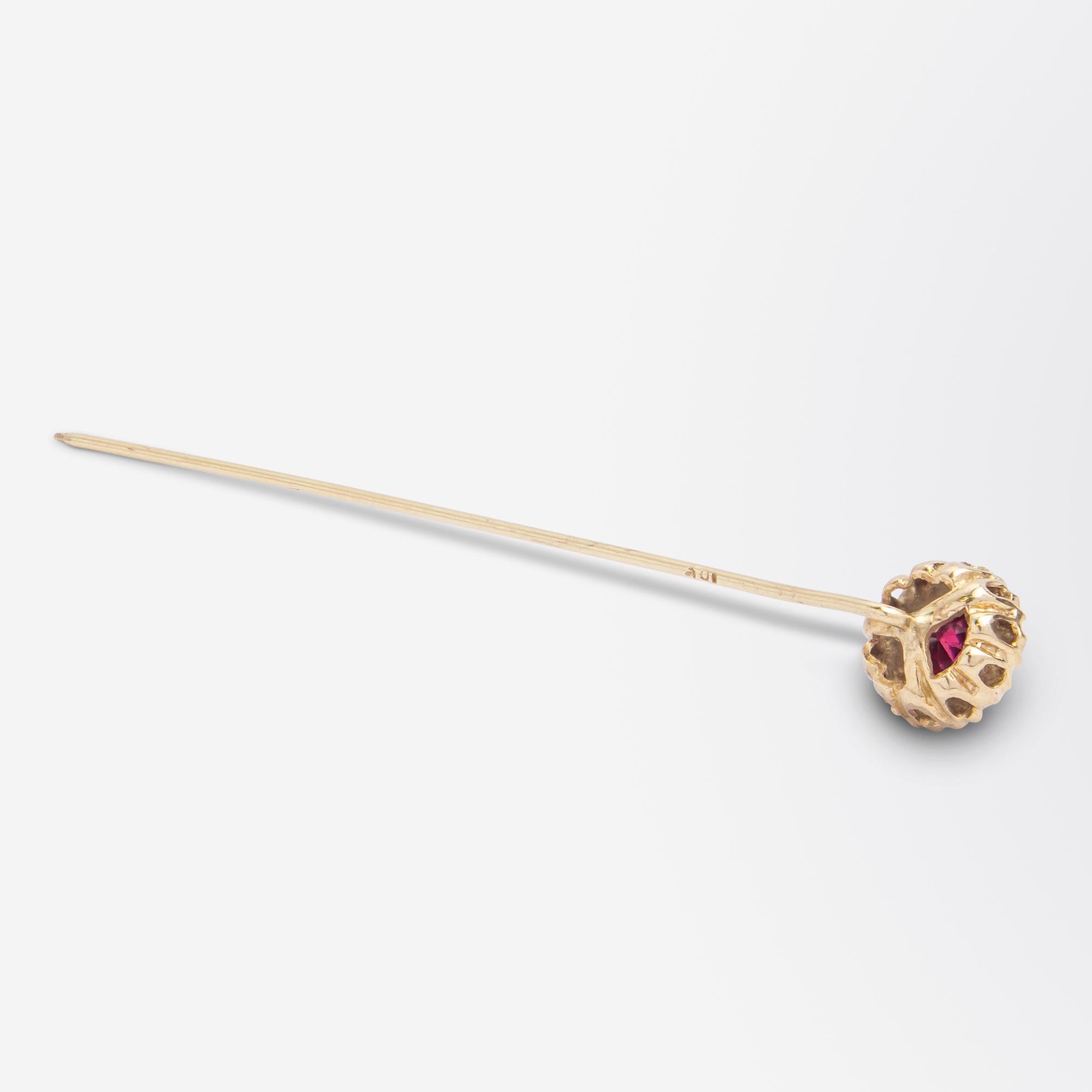 Art Deco 18 Karat Gold, Red Paste, & Diamond Stick Pin