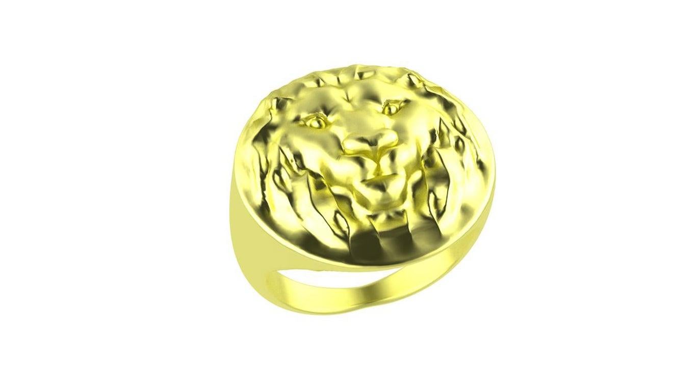 En vente :  Bague sigillaire à tête de lion en or vert 10 carats 3