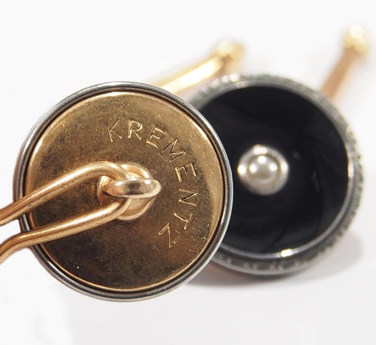 Krementz Tuxedo Buttons Sterling Silver Black Enamel Yellow Gold Filled