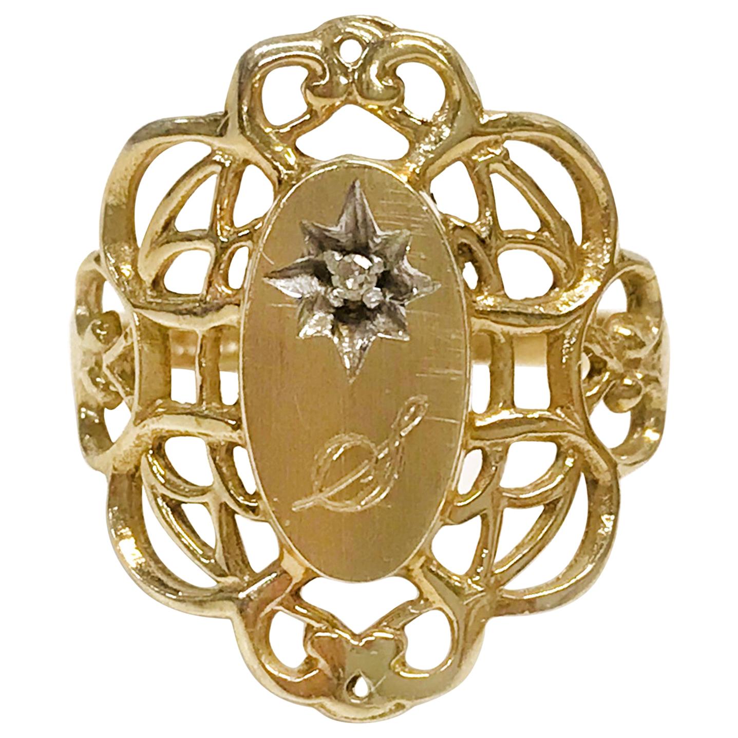 10 Karat Ornate Diamond Monogrammed "S" Ring For Sale